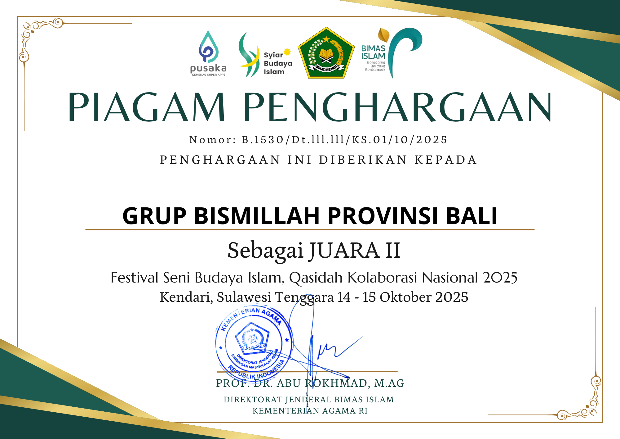 Piagam Juara 2 Tingkat Nasional